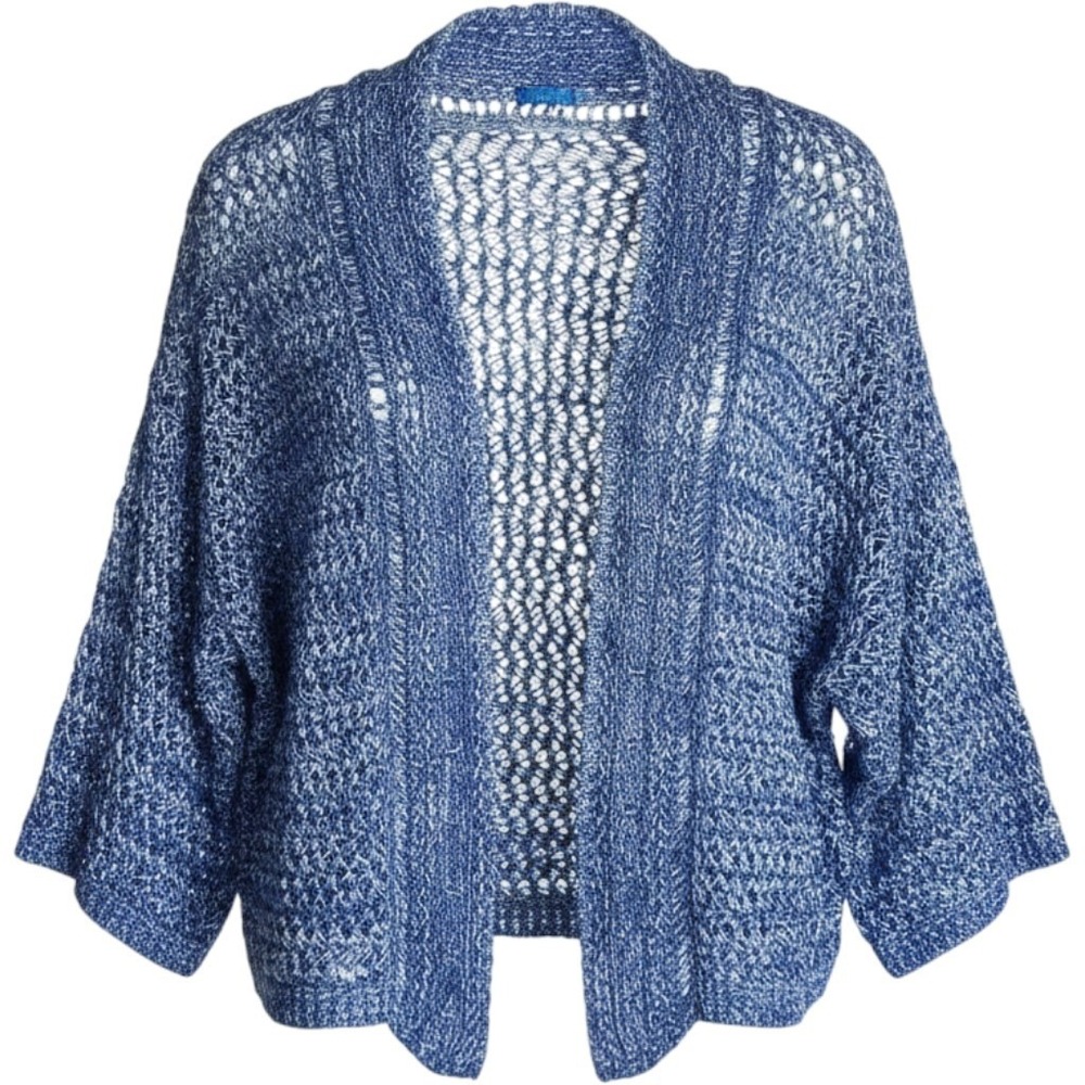 VTG Crochet Cropped Cardigan Womens L XL Kimono Sleeve Open Front Blue Sweater